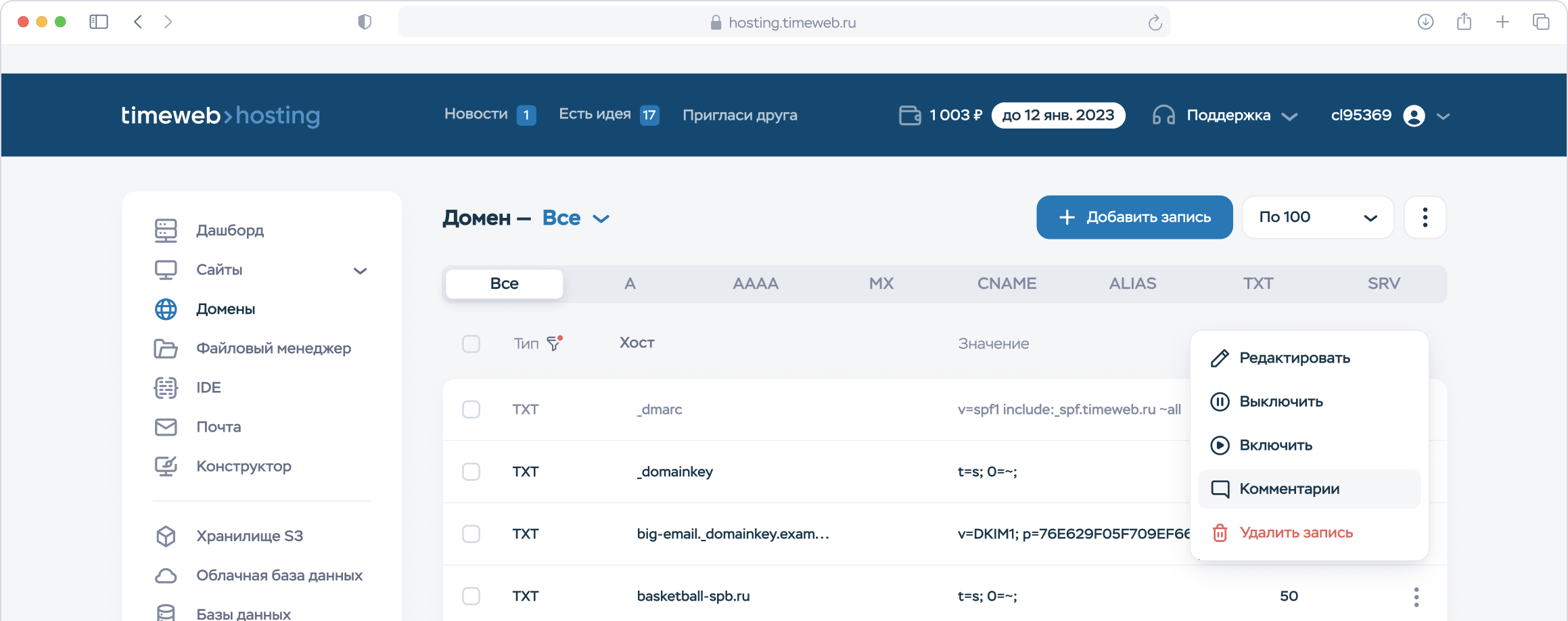 Панель управления Timeweb